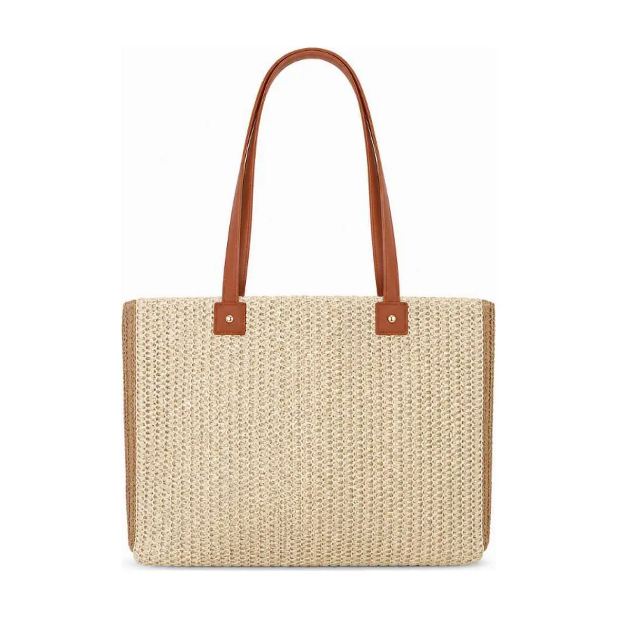 Bolso tote de playa tejido en beige con detalles en marrón y asas de piel Isabella (1 U) - Thumbnail 3