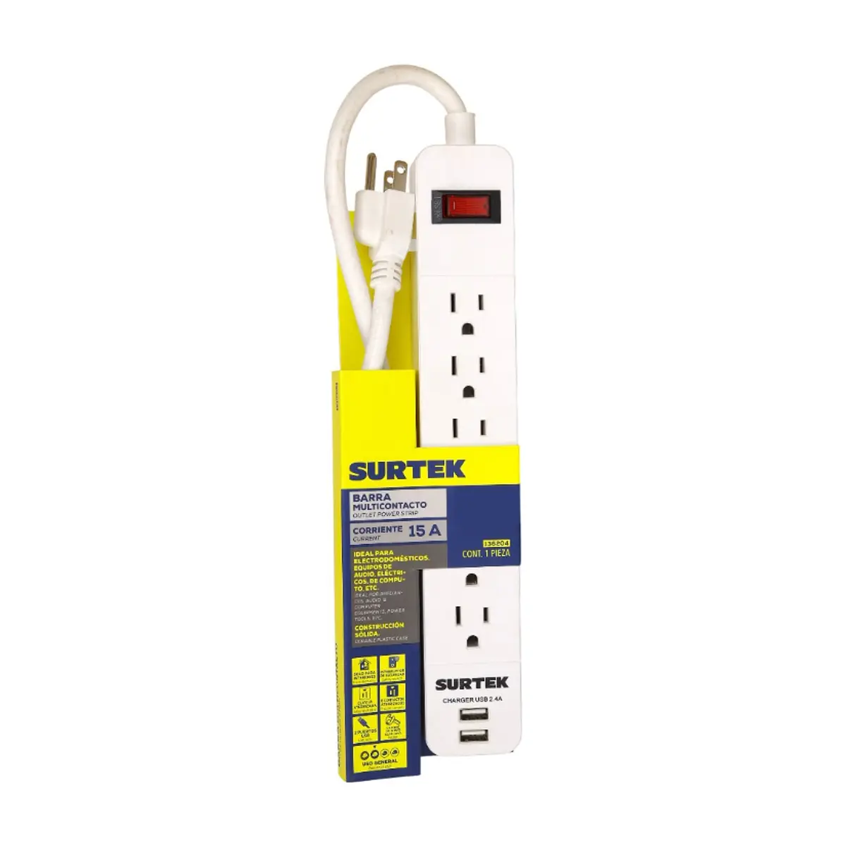 Barra multicontacto - regleta - de 6 entradas + 2 puertos USB con cable 50 cm Surtek 136204 - Thumbnail 2