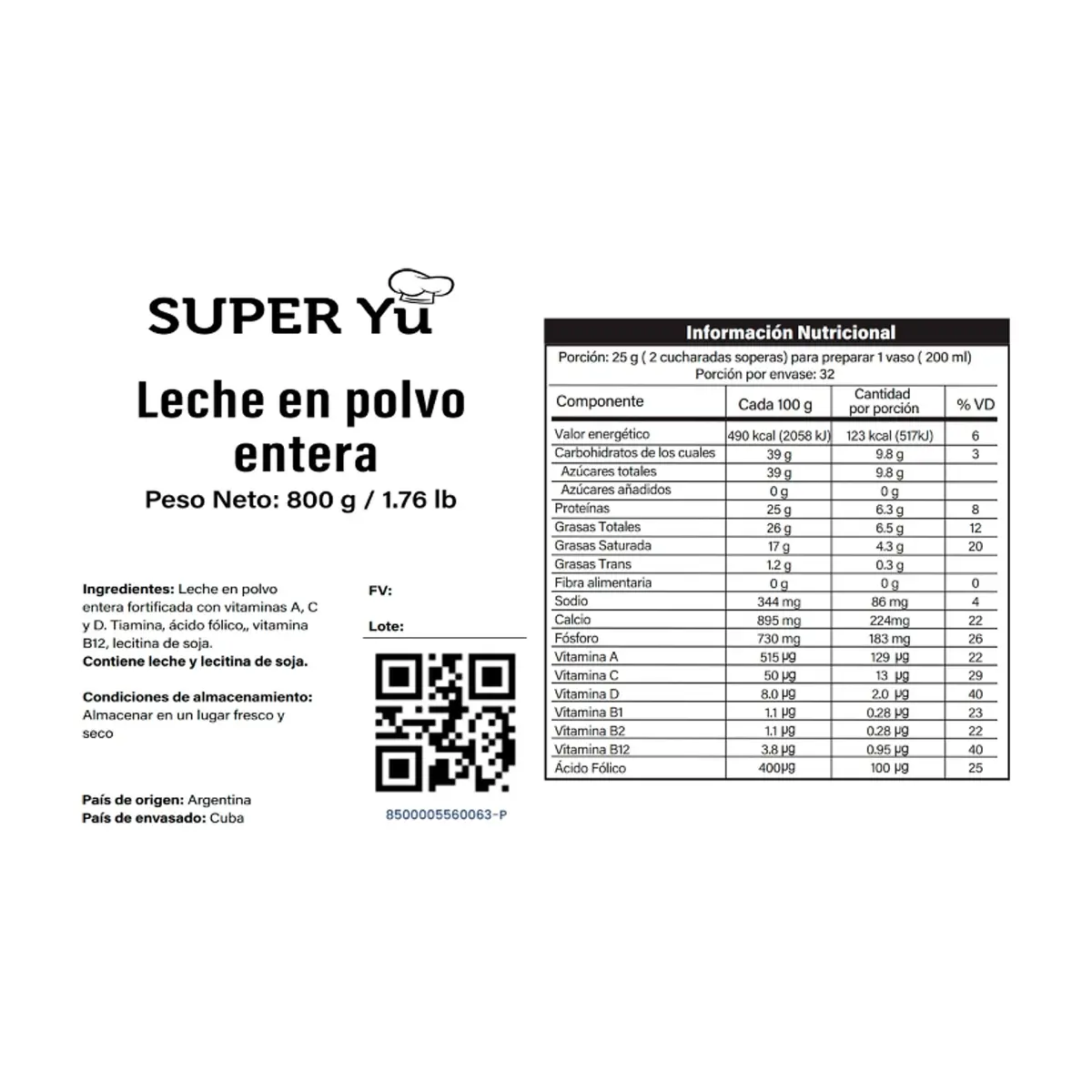 Leche en polvo entera Super Yu (800 g / 1.76 lb) - Thumbnail 3