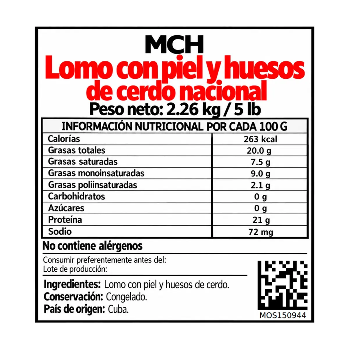 Lomo con piel y hueso de cerdo nacional MCH (2.26 kg / 5 lb) - Miniatura 4