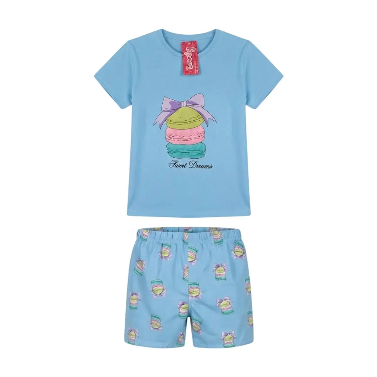 Pijama de dos piezas femenino color azul con diseño central macarons Lovely (Talla L)