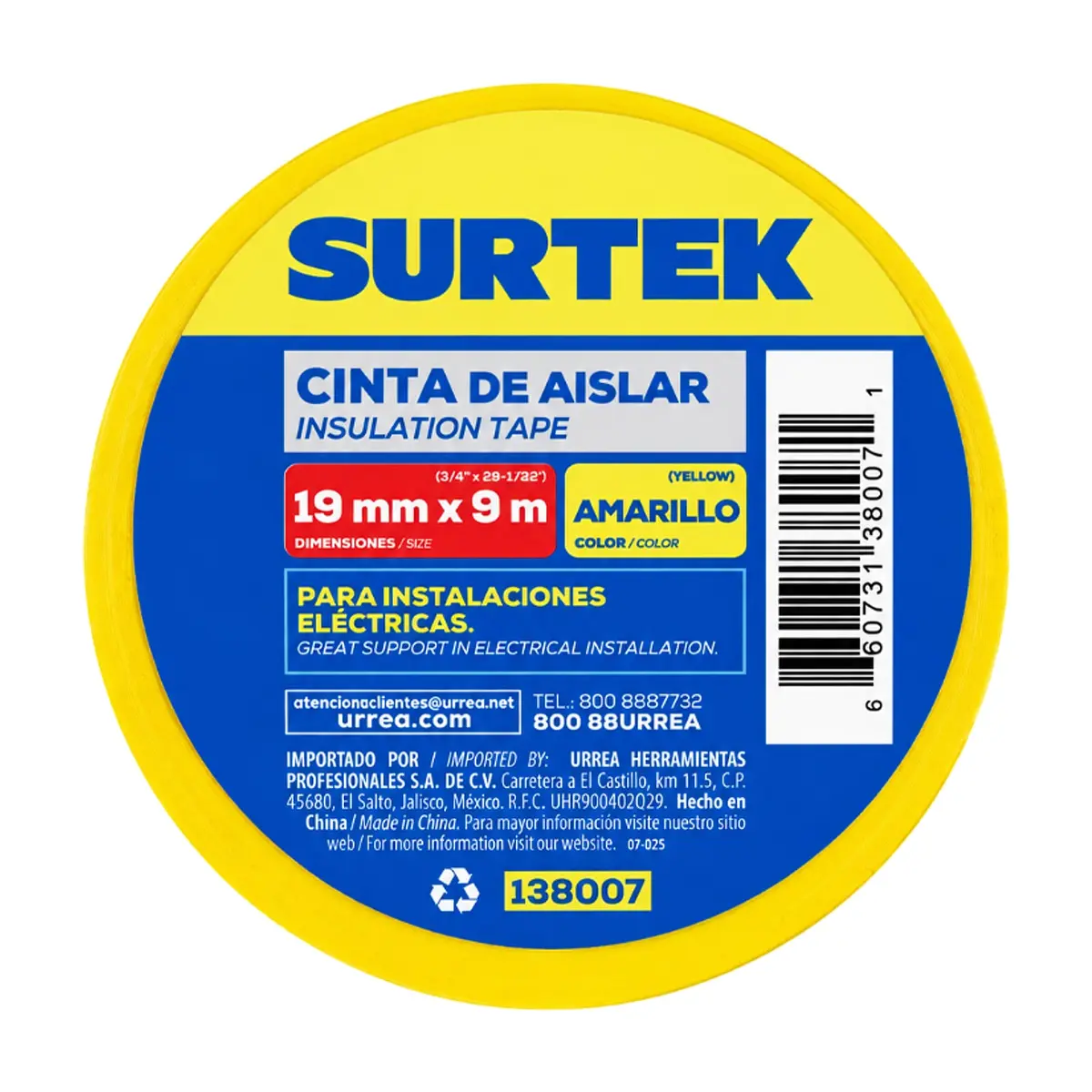 Cinta de aislar amarilla 19 mm x 9 m Surtek 138007