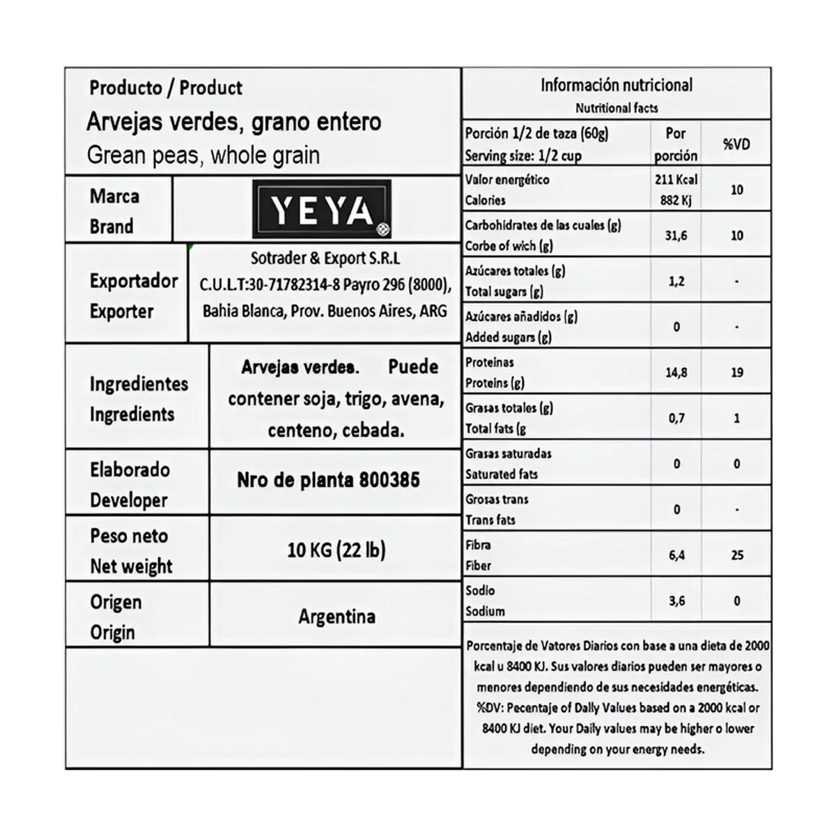Chícharos verdes enteros YEYA (10 kg / 22 lb) - Miniatura 2