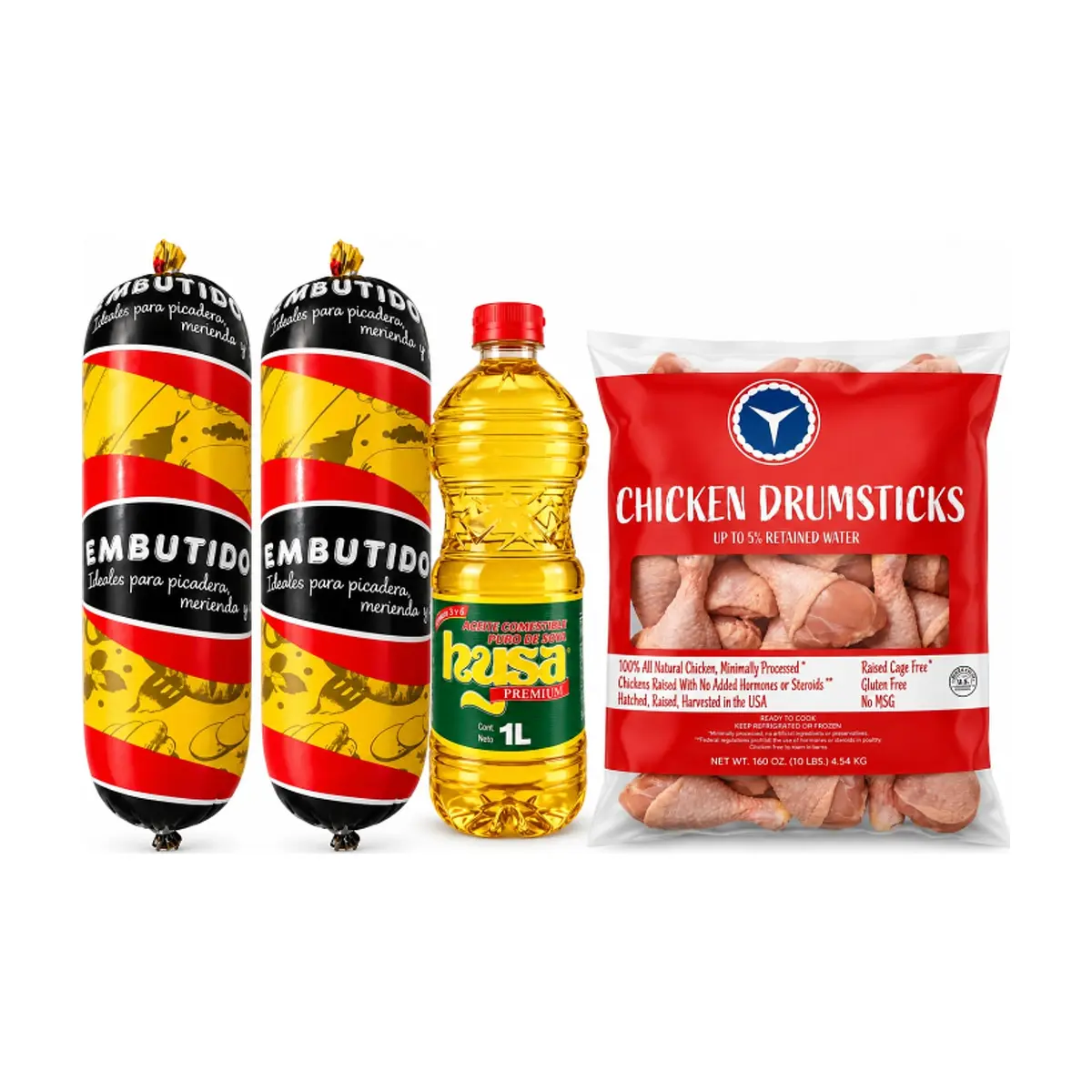 Mortadella mixta de cerdo y pollo + Aceite de soya puro +  Muslos de pollo
