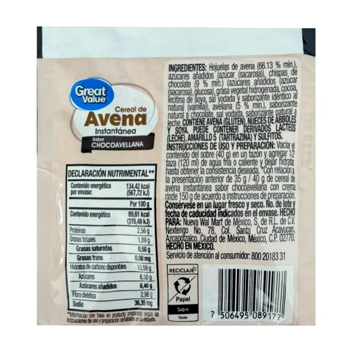 Cereal de avena instantánea sabor chocoavellana Great Value (40 g / 1.41 oz) - Thumbnail 2