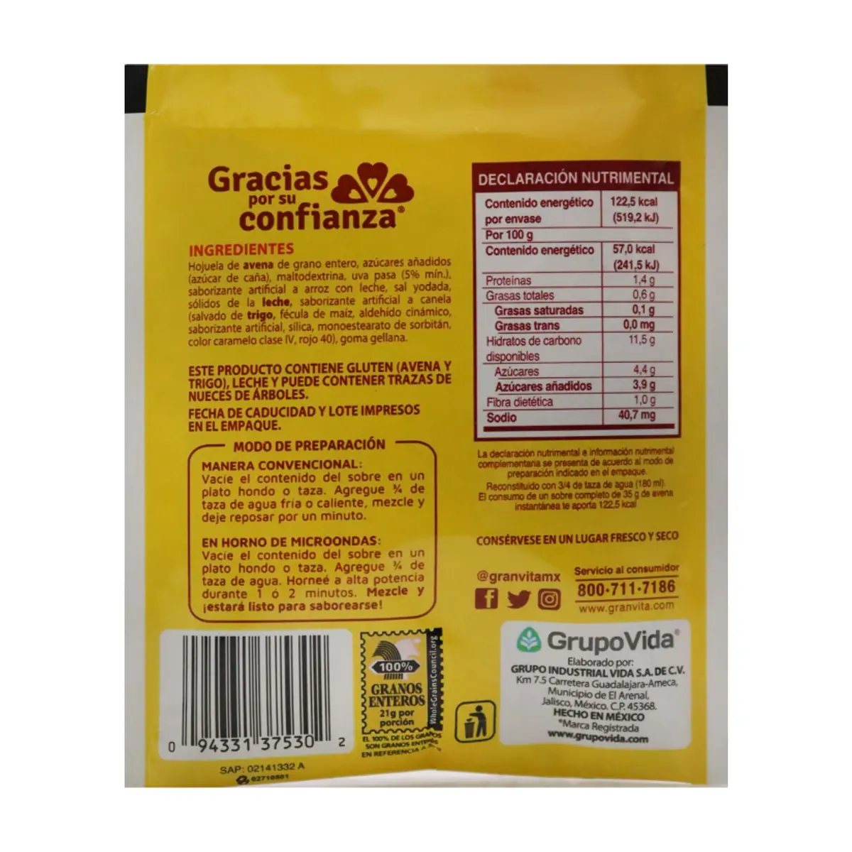 Cereal de avena integral instantáneo con pasas sabor arroz con leche Granvita (35 g / 1.23 oz) - Miniatura 3