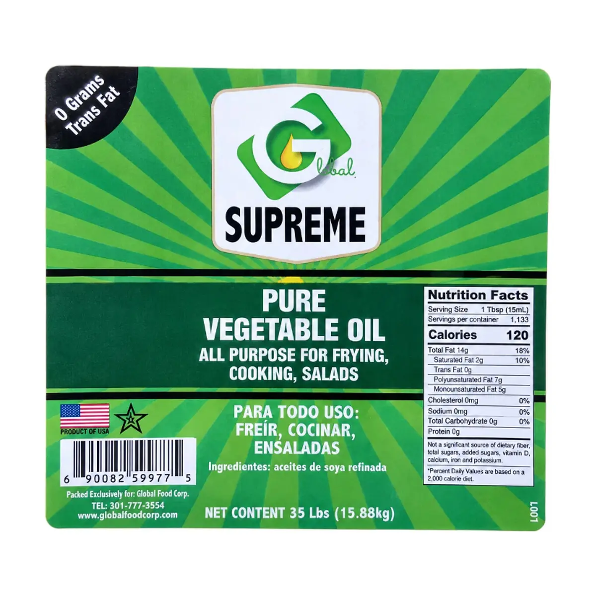 Aceite vegetal puro Global Supreme (15.88 kg / 35 lb) - Thumbnail 2