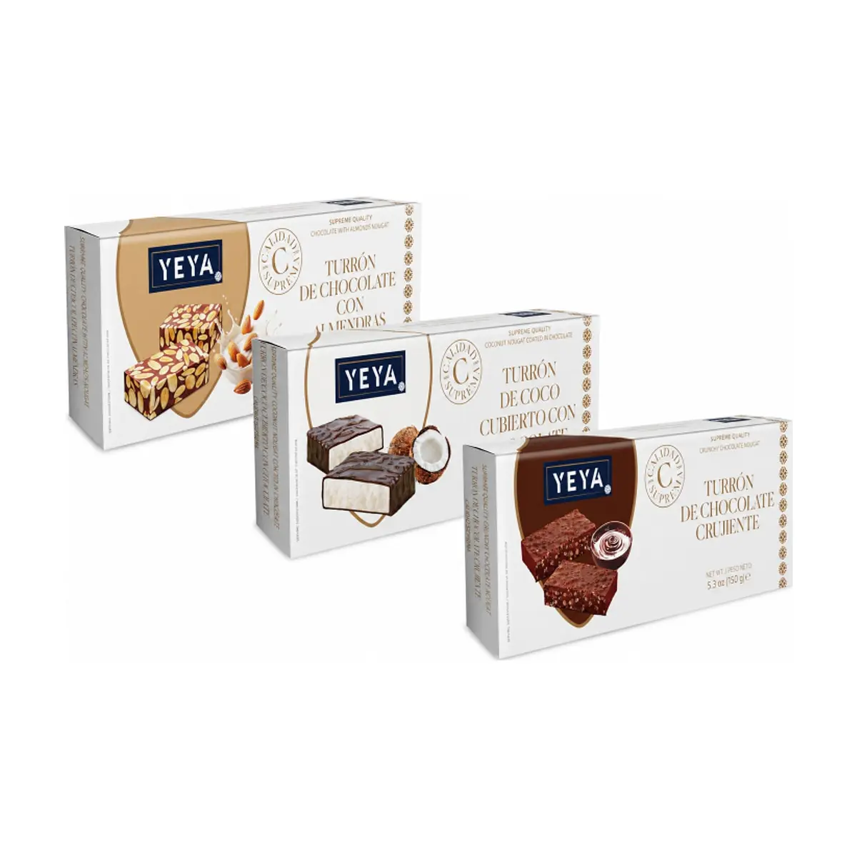 Turrones Yeya Calidad Suprema: chocolate crujiente + chocolate con almendras + chocolate con coco