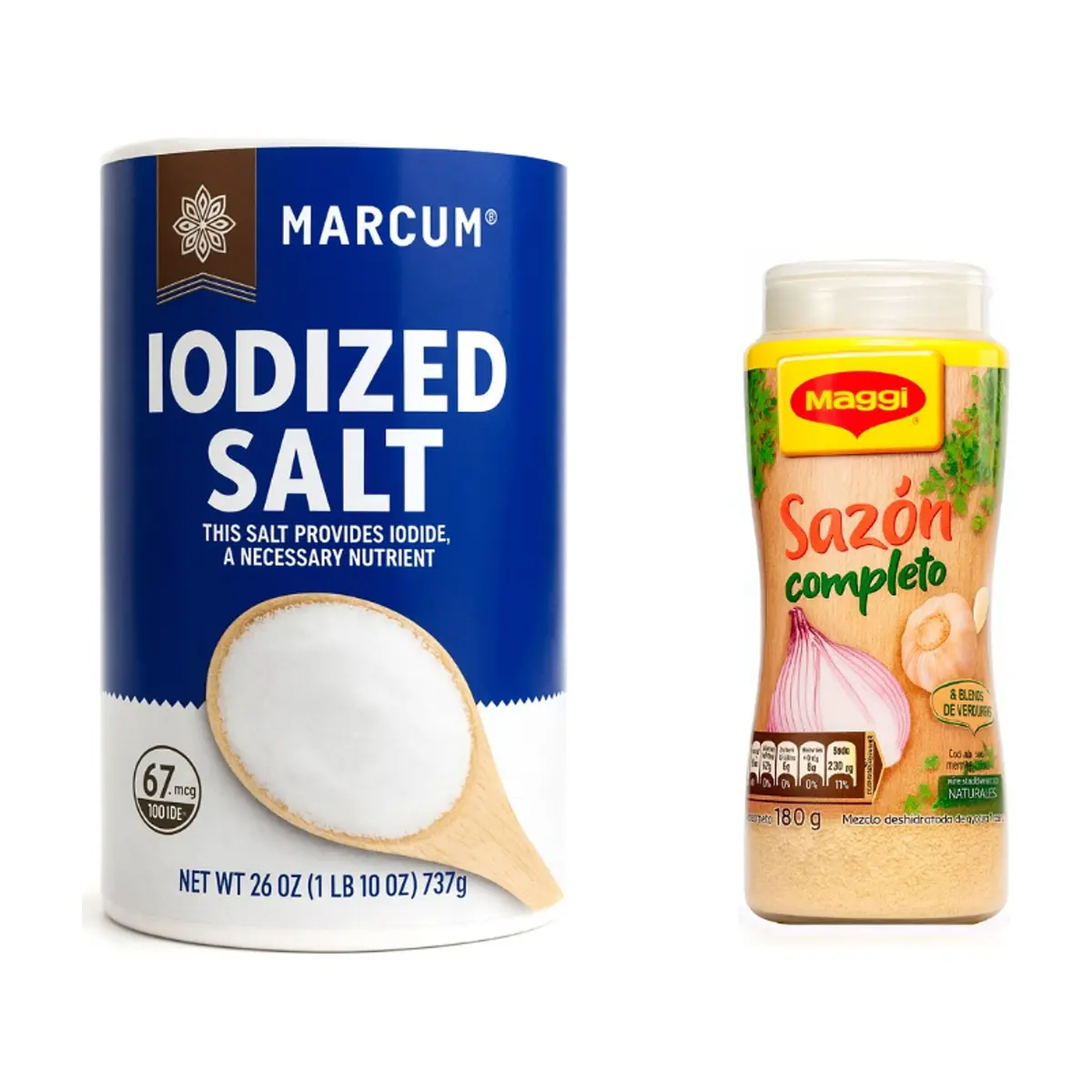 Sazón completo Maggi (180 g / 6.35 oz) + Sal yodada Marcum (737 g / 1.6 lb)
