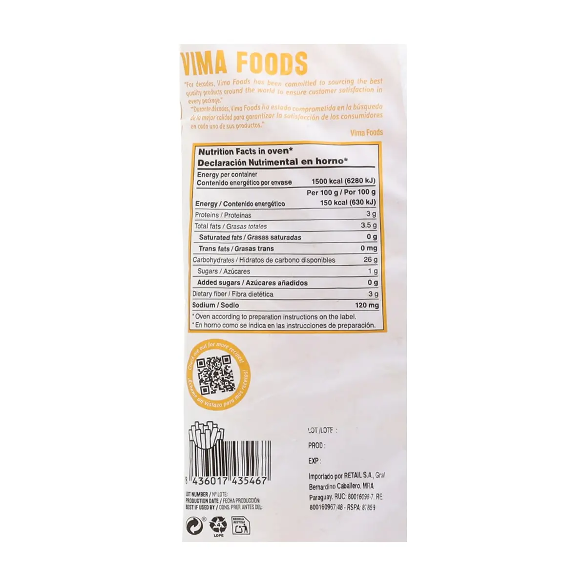 Patatas -papas- prefritas congeladas Vima Foods (1 kg / 2.2 lb) - Thumbnail 4