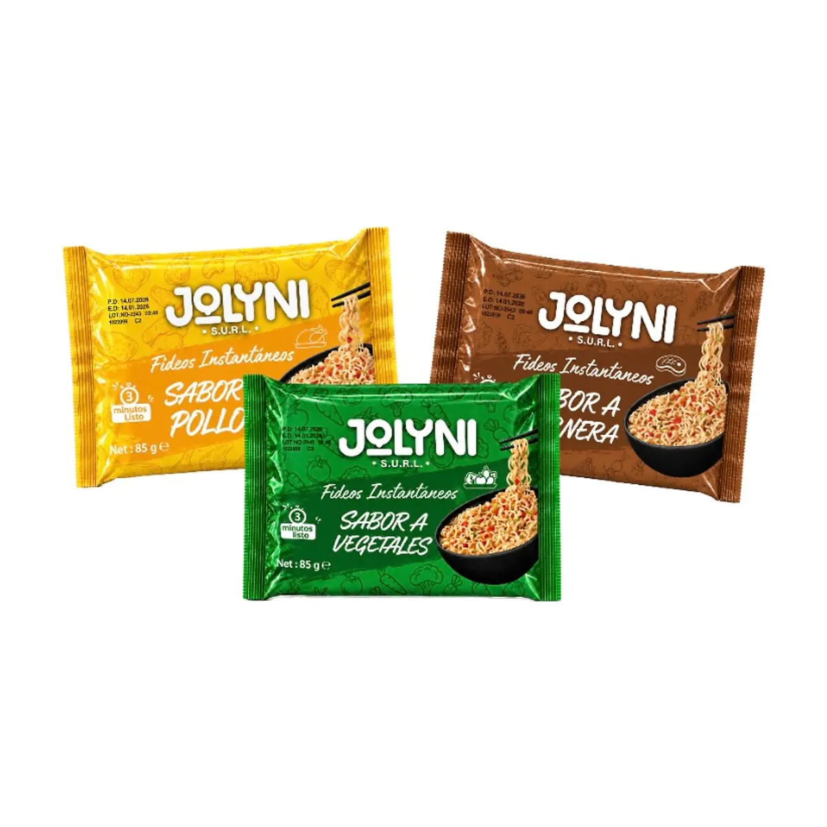 Sopa de fideos instantáneos Jolyni sabores pollo, ternera y vegetales (3 x 85 g / 3 oz)