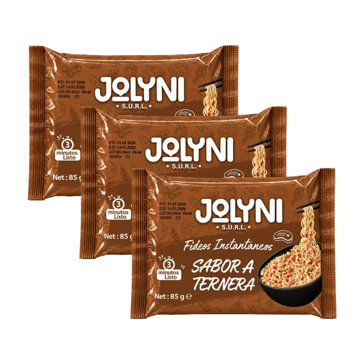 Sopa de fideos instantáneos sabor ternera Jolyni (3 x 85 g / 3 oz)