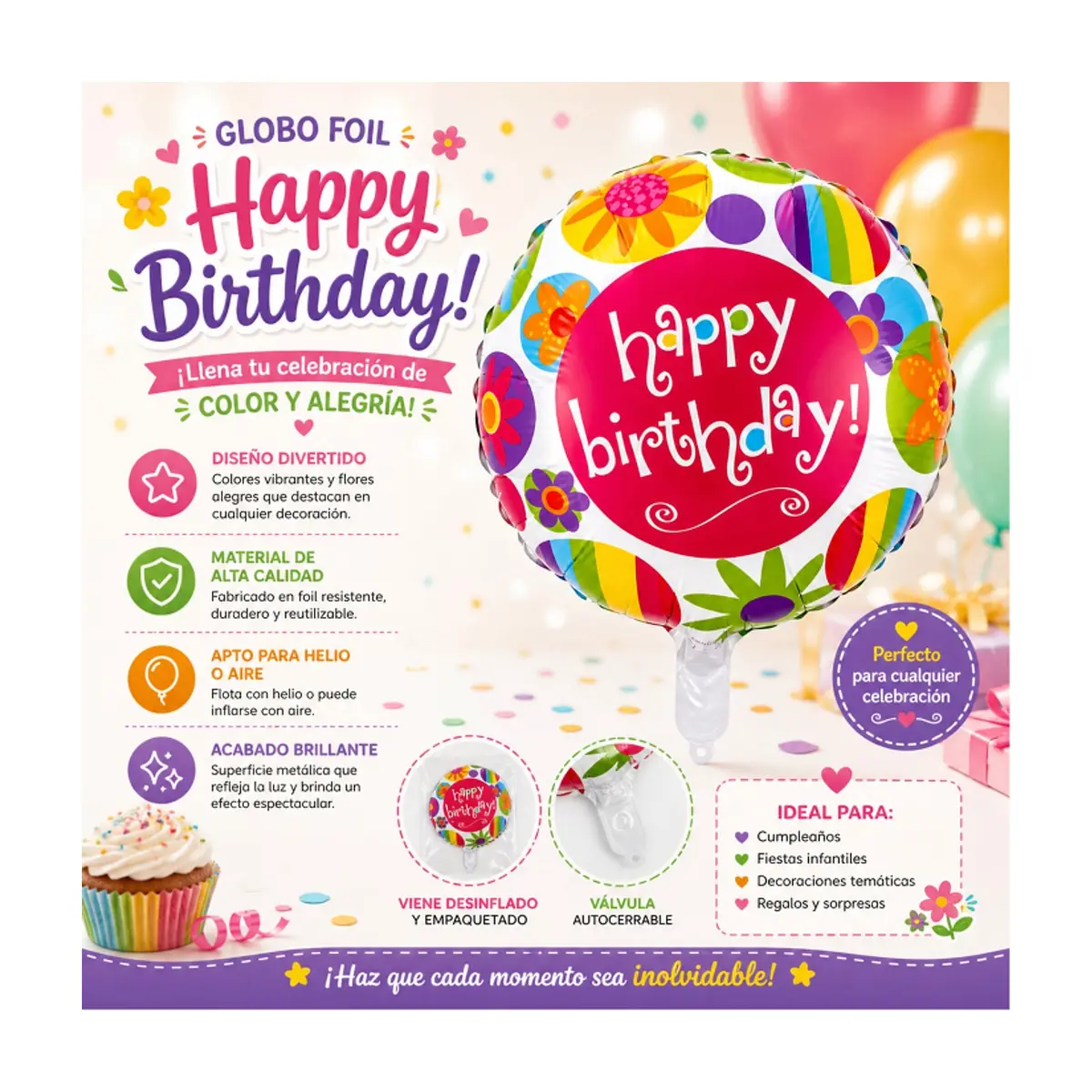 Globo con cartel "Happy Birthday" y diseño de flores 18 pulgadas Ballon - Thumbnail 4