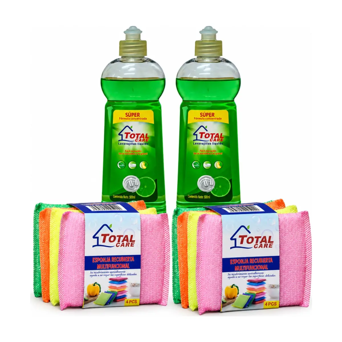 Combo Lavavajillas líquido Total Care (2 x 500 ml / 16.91 fl oz) + Estropajo para cocina 4 piezas (2 x 4 piezas)