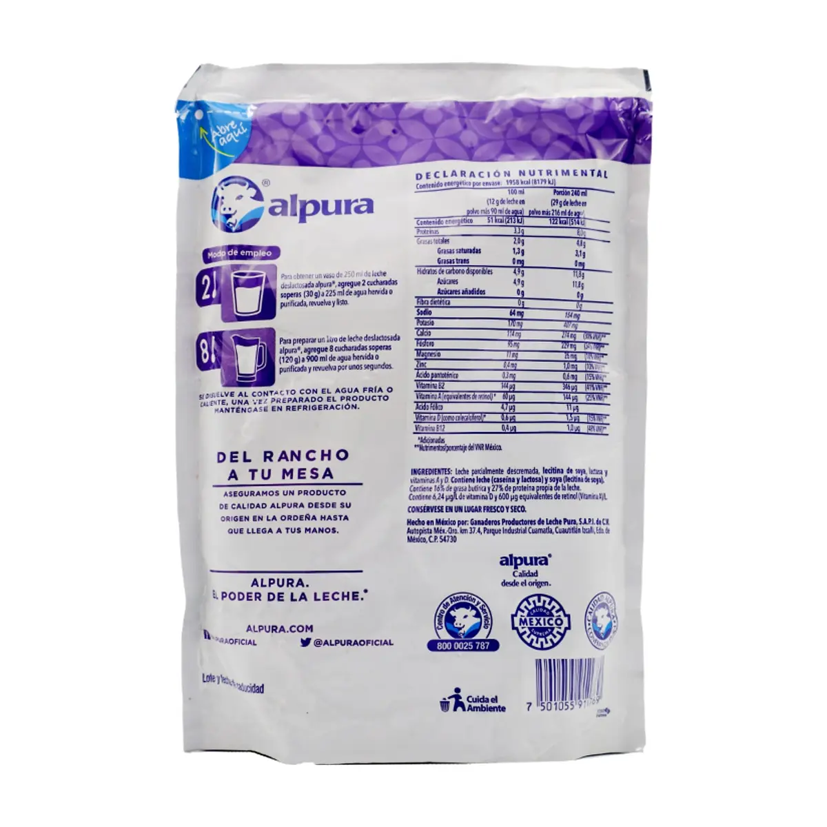 Leche en polvo parcialmente descremada, sin lactosa, adicionada con Vitamina A y D Alpura (460 g / 1.01 lb) - Thumbnail 3