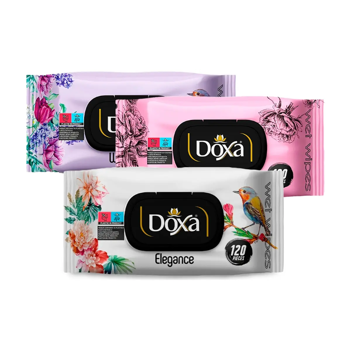 Combo de higiene: Toallitas húmedas Doxa Elegance + Toallitas húmedas Doxa Romance + Toallitas húmedas Doxa Warmnes