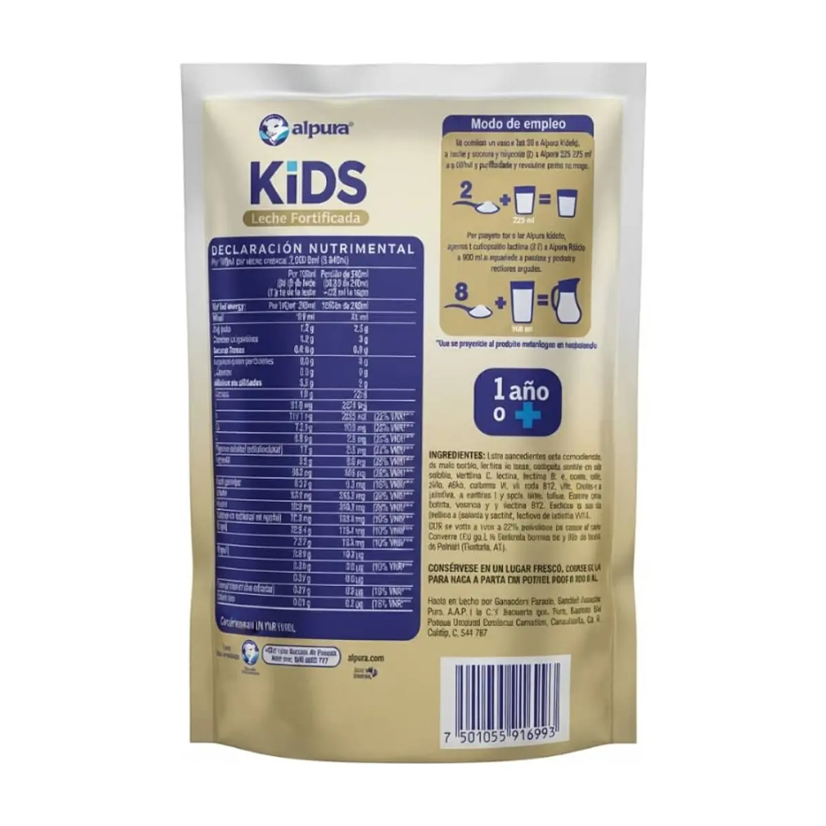 Leche fortificada parcialmente descremada en polvo con vitaminas A y D, minerales y fibra Alpura (480 g / 16.93 oz) - Thumbnail 2