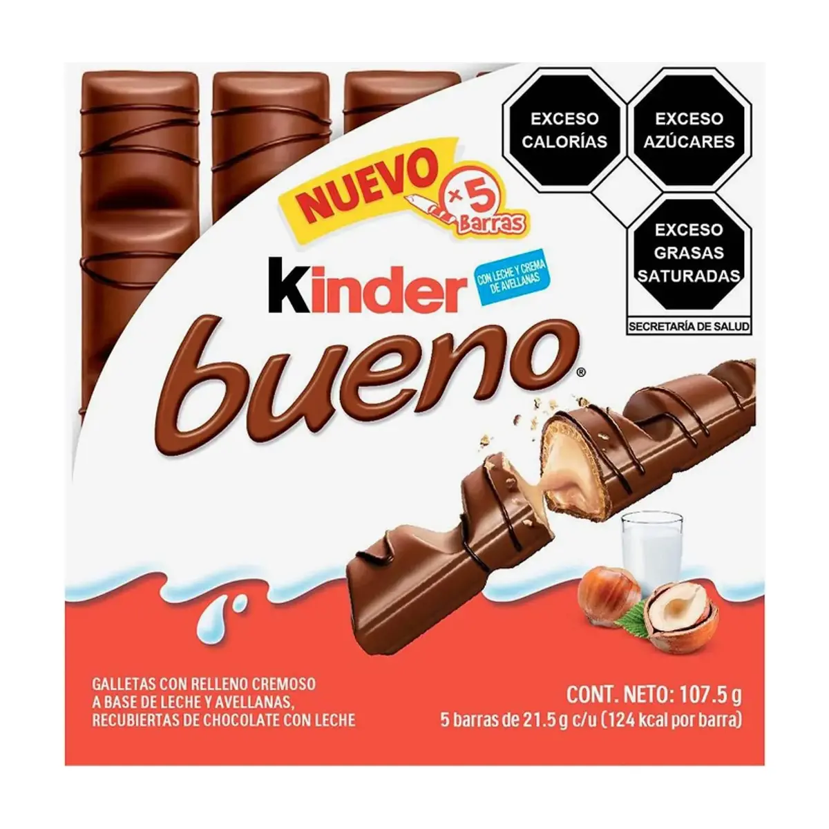 Galletas con relleno cremoso a base de leche y avellanas recubiertas de chocolate con leche Kinder Bueno (107.5 g / 3.79 oz) - Imagen 1