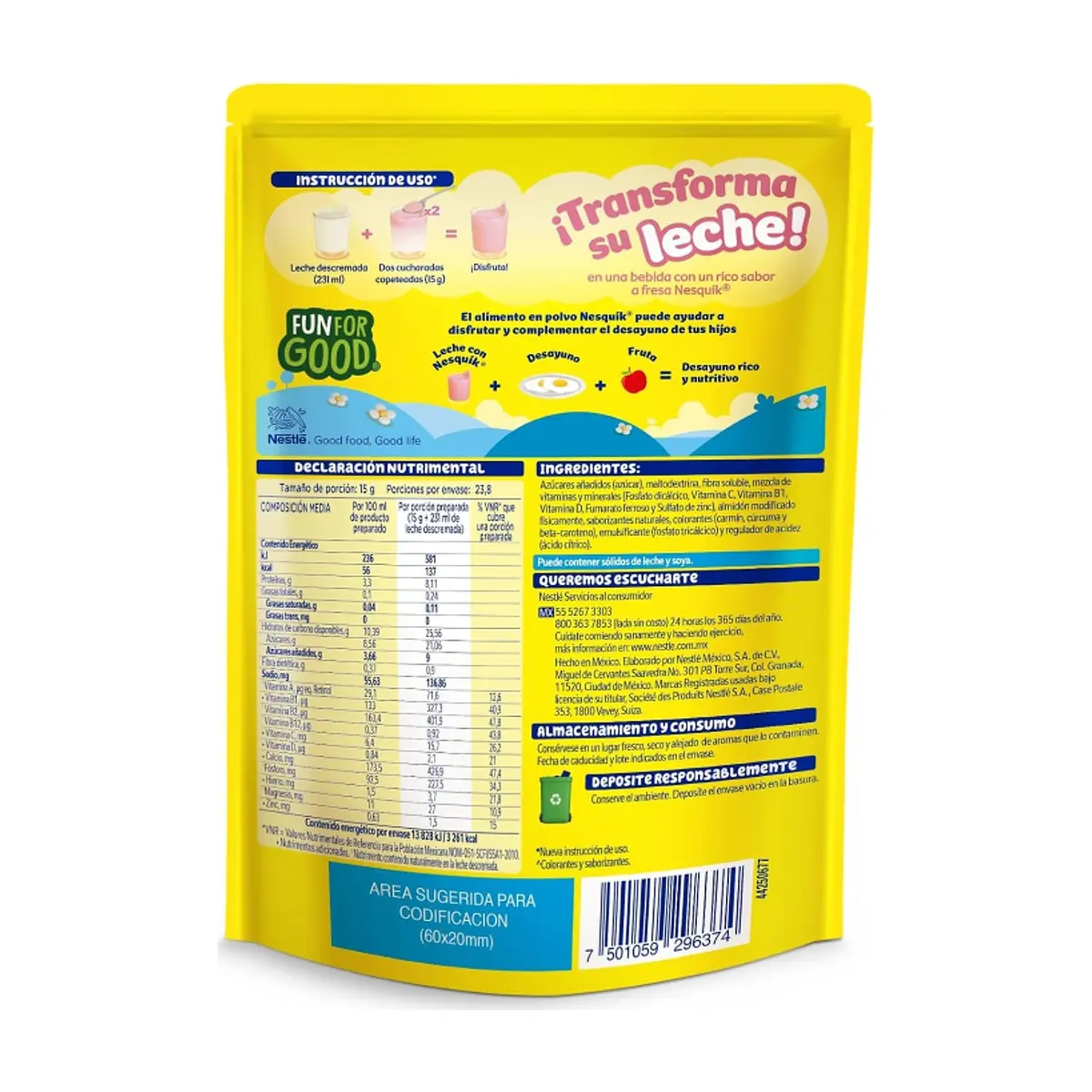 Alimento en polvo para preparar bebida sabor fresa Nestlé Nesquik Opti-Start (357 g / 12.59 oz) - Thumbnail 3
