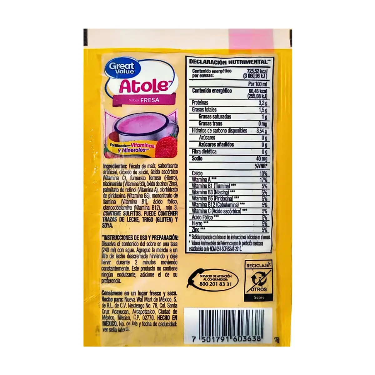 Polvo para preparar atole sabor fresa fortificado con vitaminas y minerales Great Value (45 g / 1.59 oz) - Thumbnail 2