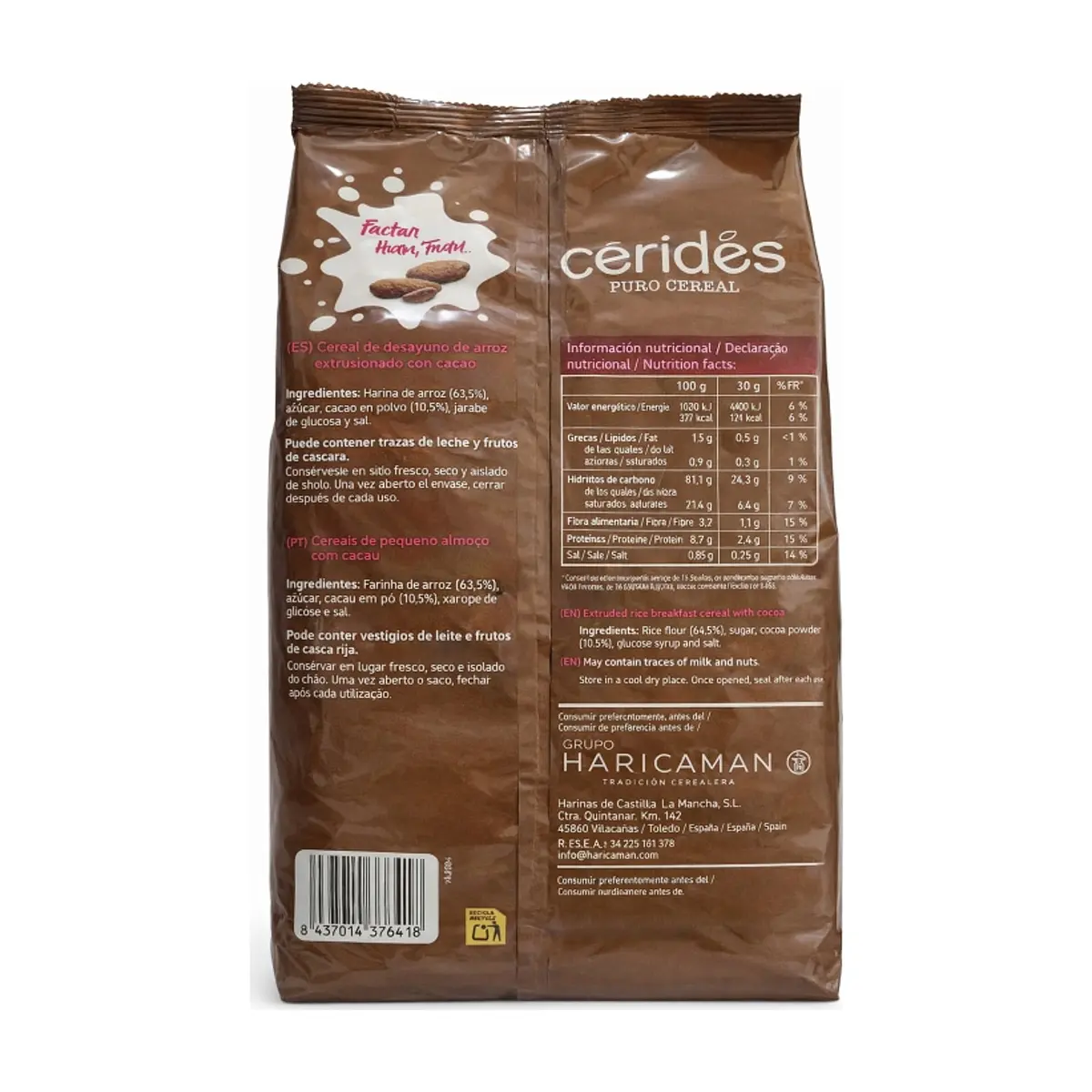 Cereal de arroz inflado con sabor a chocolate Ceridés (500 g / 1.1 lb) - Miniatura 6