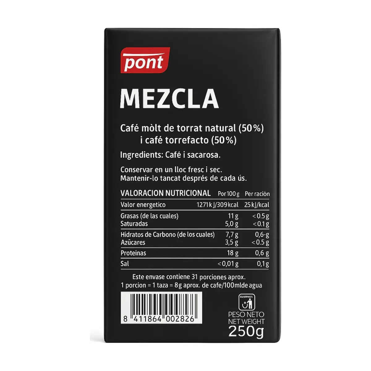 Café molido de tueste natural y torrefacto Pont (250 g / 8.81 oz) - Thumbnail 2