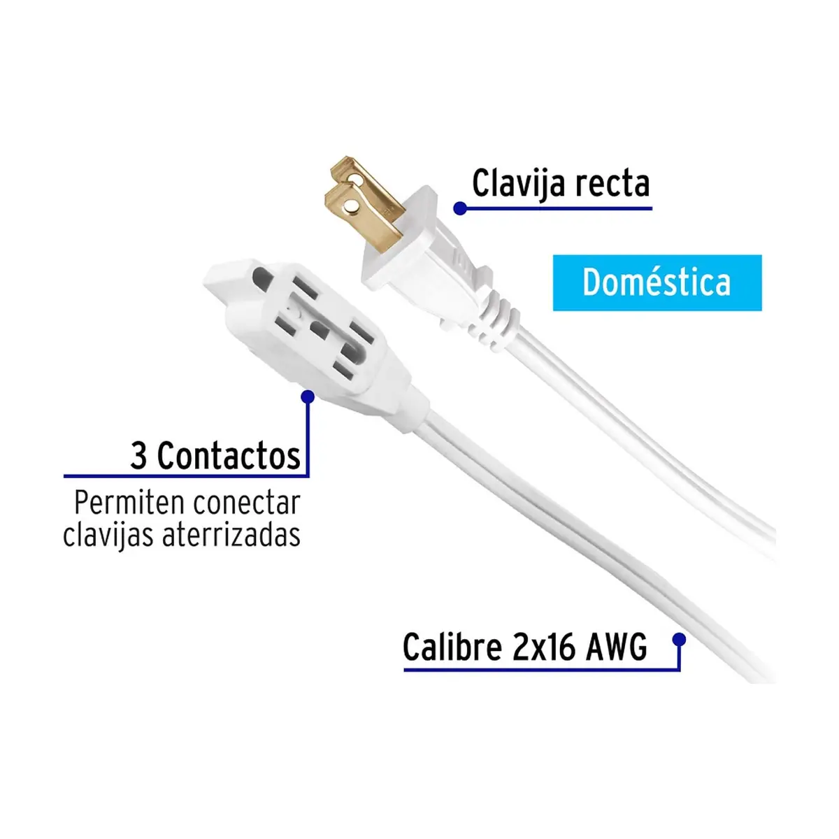 Extensión eléctrica blanca doméstica 4 m clavija recta Volteck ED-4BR - Thumbnail 2