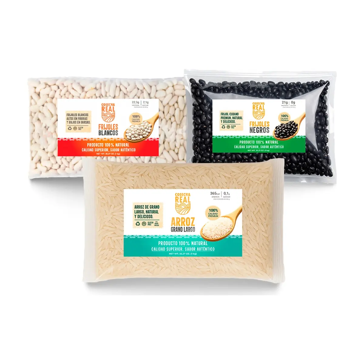 Combo de granos selectos Cosecha Real #23: Arroz de grano largo + Frijoles blancos + Frijoles negros