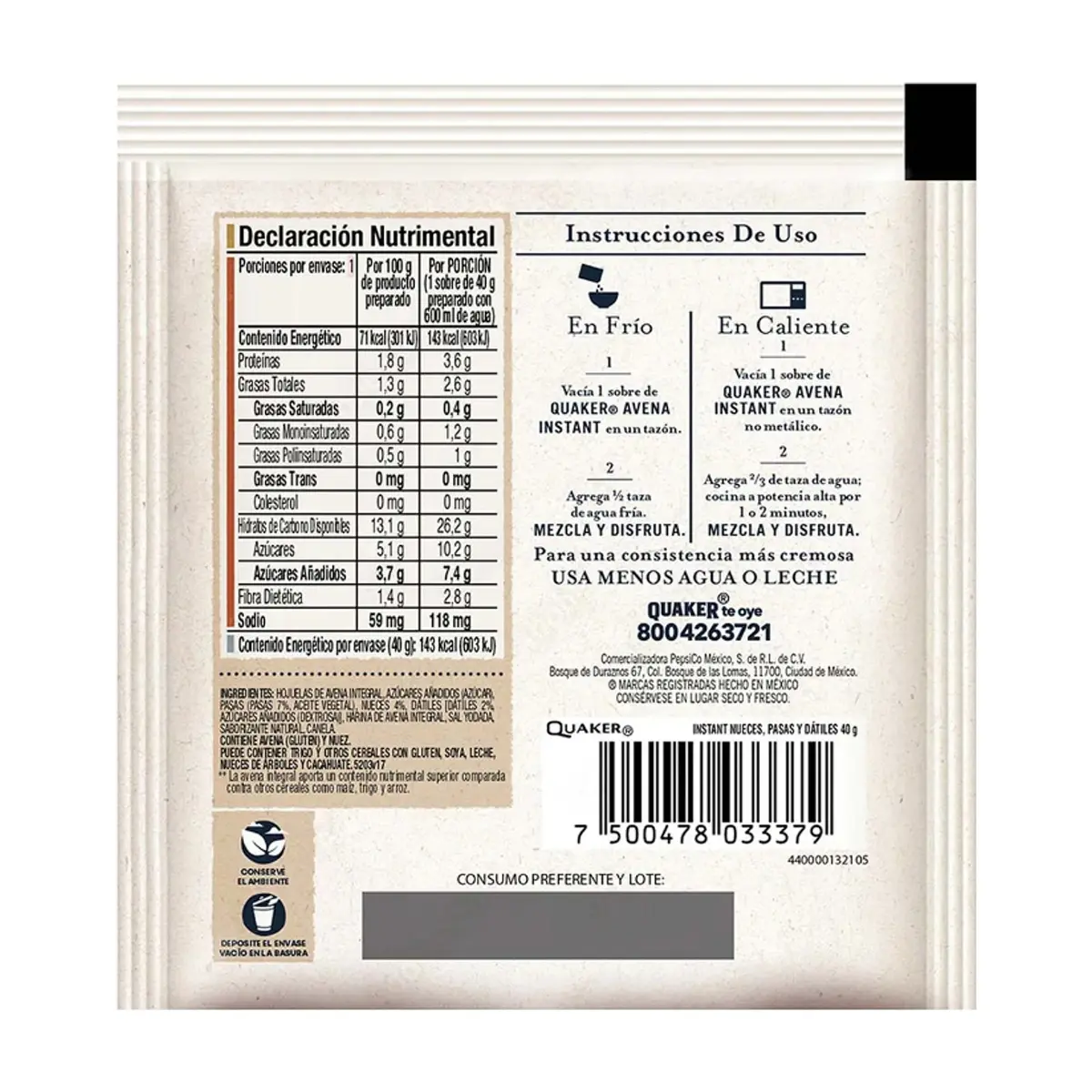 Cereal de avena integral sabor nueces, pasas y dátiles Quaker (40 g / 1.41 oz) - Miniatura 3