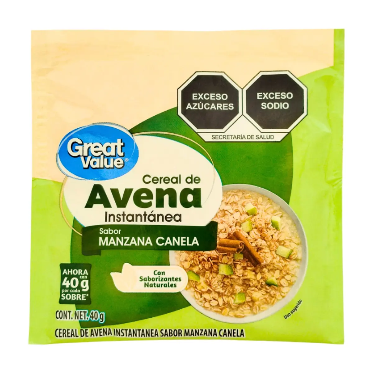 Cereal de avena instantánea sabor a manzana y canela Great Value (40 g / 1.4 oz)