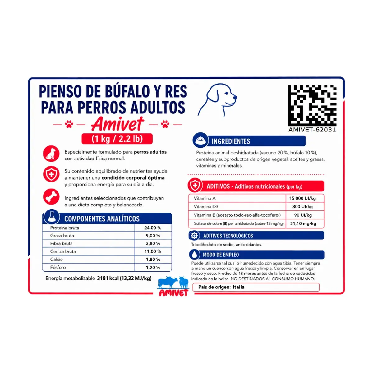 Pienso con sabor a búfalo y res para perros adultos Amivet (1 kg / 2.2 lb) - Thumbnail 2