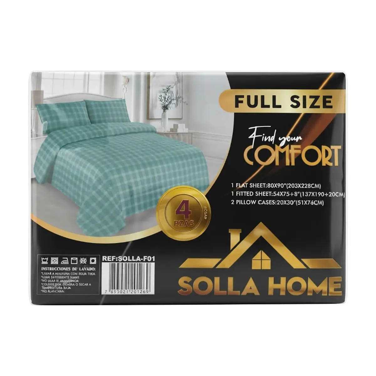 Juego de sábanas Full Size de cuatro piezas con diseño de cuadros sobre fondo verde Solla Home - Miniatura 3