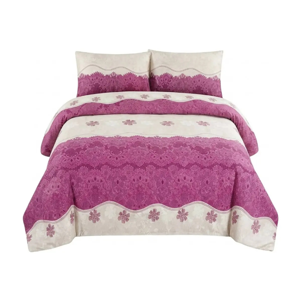 Juego de sábanas Full Size de cuatro piezas con diseño de encaje impreso combinado con flores en tono morado Solla Home - Miniatura 1