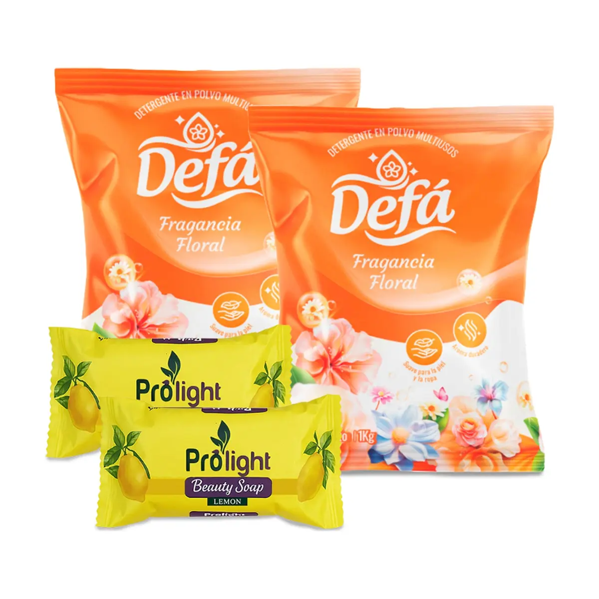 Combo de jabones y detergentes #2: Detergente en polvo multiusos fragancia floral Defá + Jabón de belleza con fragancia a limón Prolight
