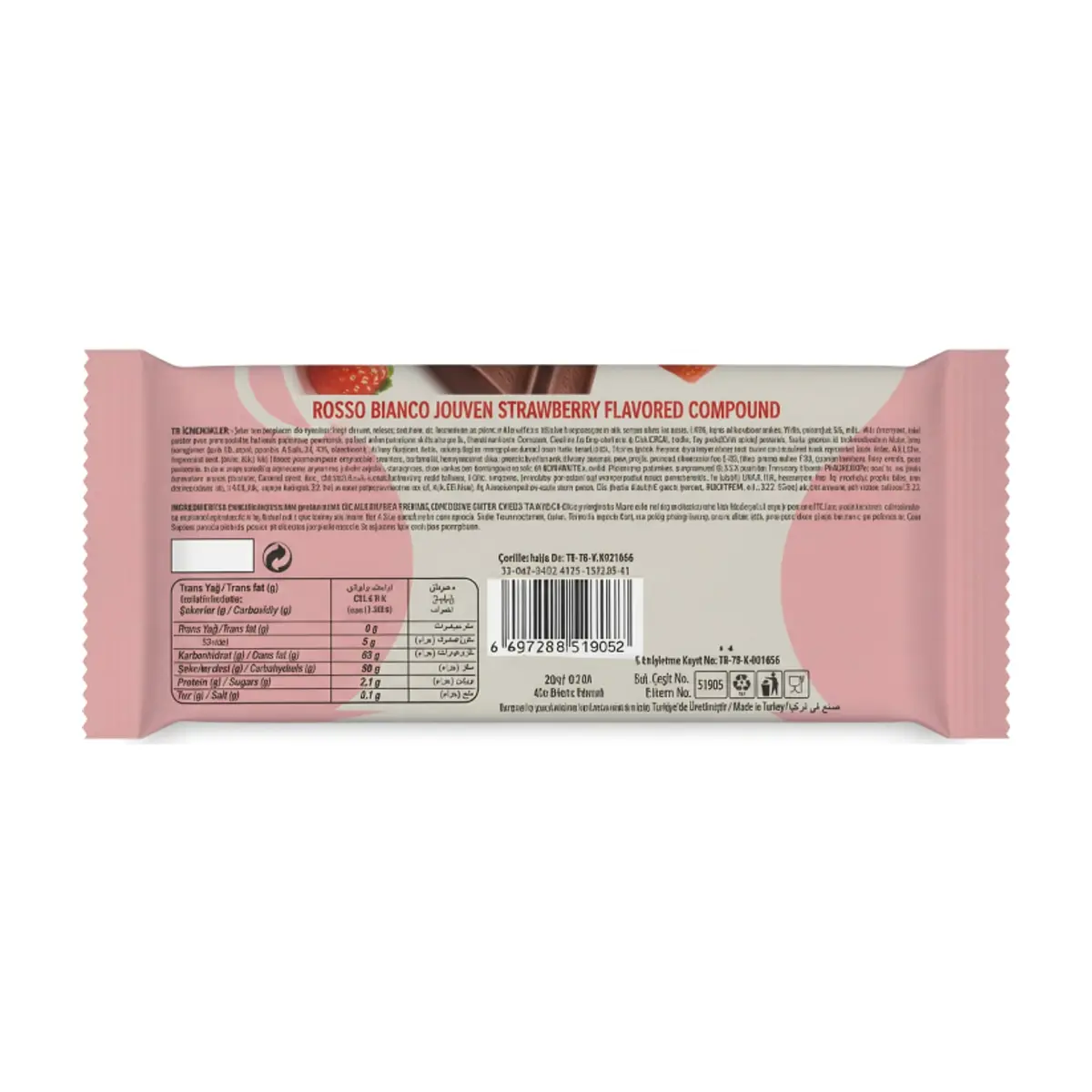 Tableta de chocolate rellena de crema de fresa Jouven Rosso Bianco (50 g / 1.76 oz) - Miniatura 2