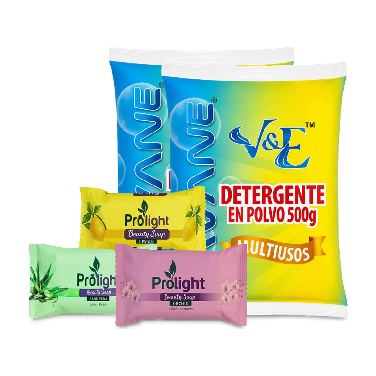 Combo de higiene y limpieza #5:  Detergente en polvo multiuso con aroma floral Lavane + Jabones de belleza Prolight