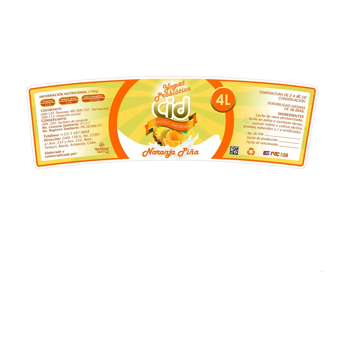 Yogurt probiótico saborizado de naranja piña Cid (4 L) - Miniatura 2