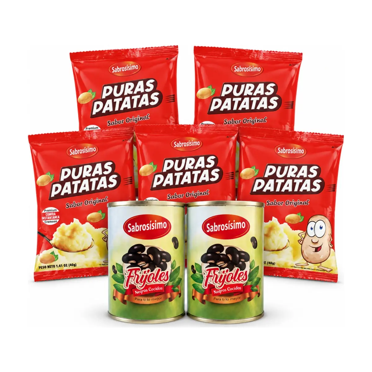 Combo Frijoles negros cocidos Sabrosísimo (2 x 400 g / 14.11 oz) + Puré de puras patatas instantáneo Sabrosísimo (5 x 40 g / 8.82 oz)