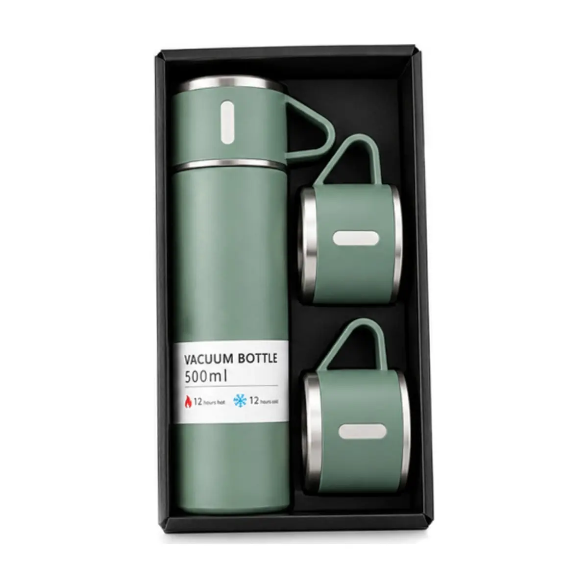 Set de termo de acero inoxidable de 500 ml con 2 tazas color verde XL Soluciones - Miniatura 3
