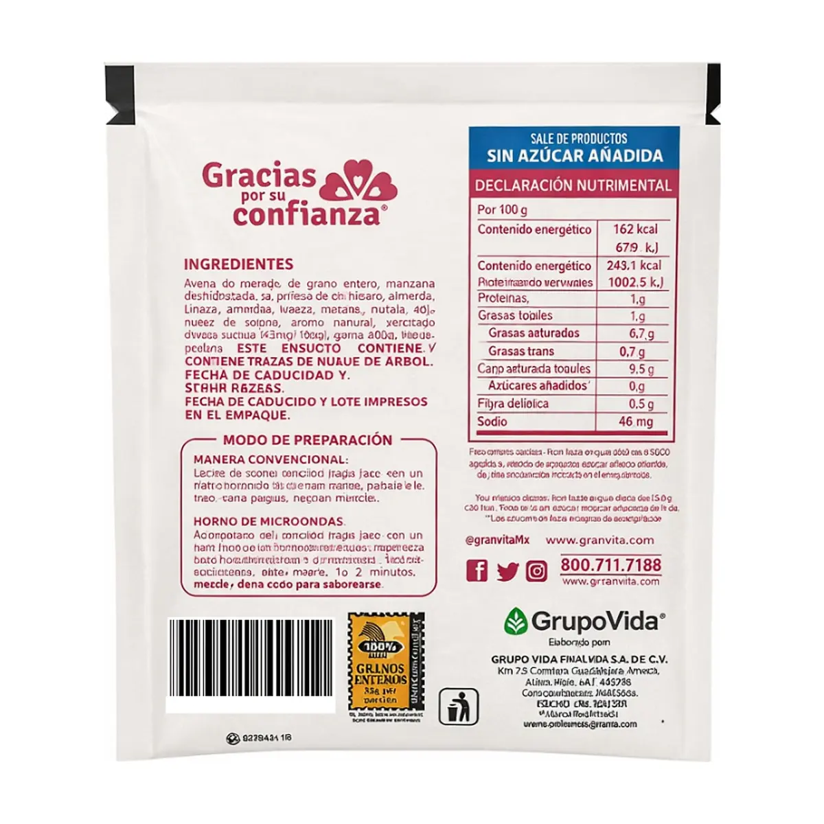 Avena integral instantánea sin azúcar sabor manzana con canela Granvita (35 g / 1.23 oz) - Thumbnail 7