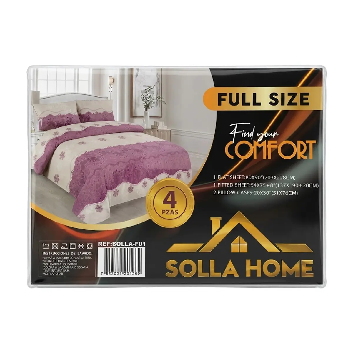 Juego de sábanas Full Size de cuatro piezas con diseño de encaje impreso combinado con flores en tono morado Solla Home - Miniatura 3