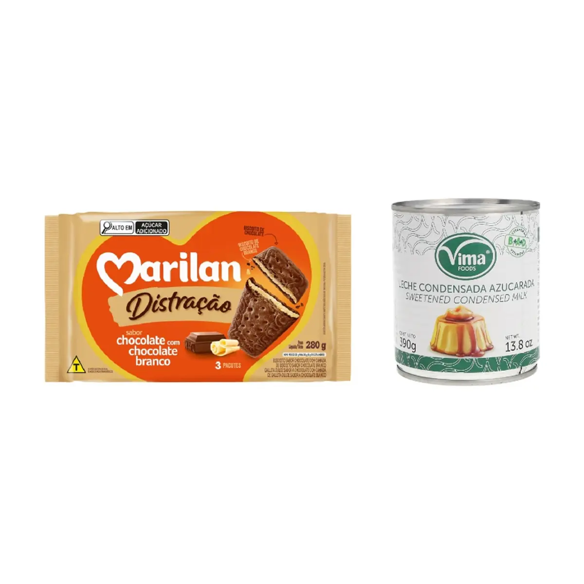 Leche condensada azucarada Vima Foods (390 g / 13.8 oz) + Galleta triple capa sabor chocolate con chocolate blanco Distracao Marilan (280 g / 9.88 oz) - Miniatura 1