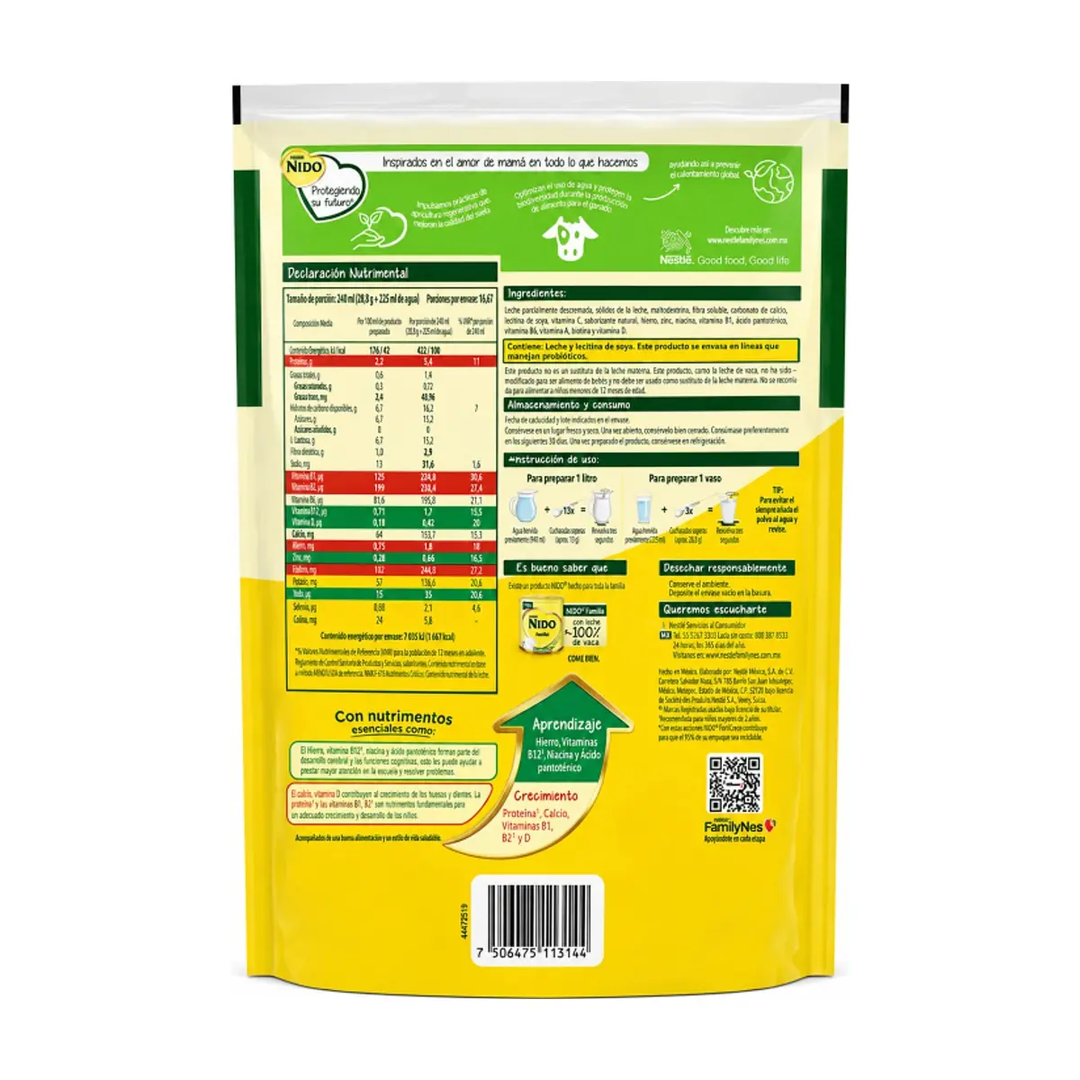 Leche en polvo parcialmente descremada acondicionada con fibra, minerales y vitaminas Nestlé (480 g / 1.06 lb) - Thumbnail 2