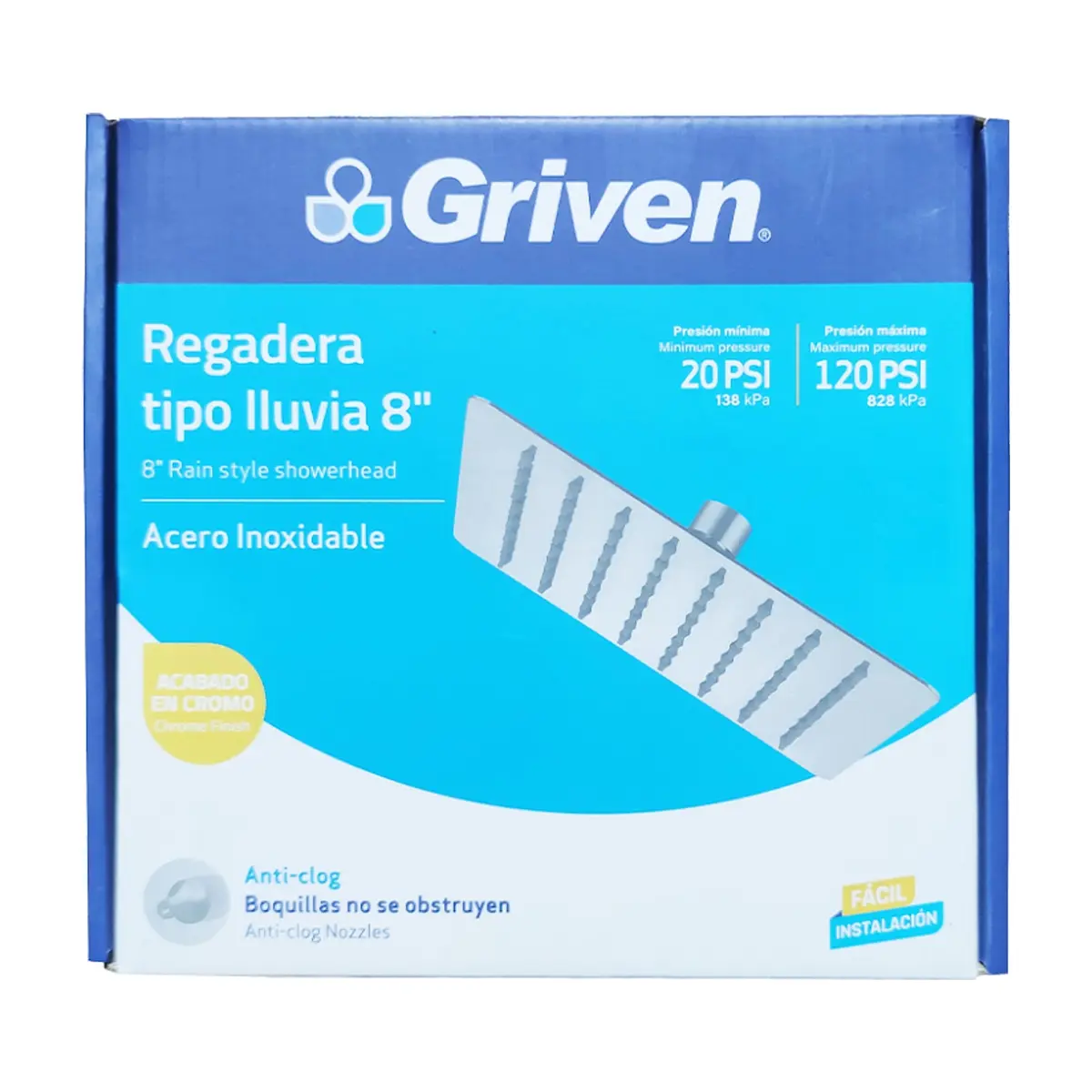 Regadera cuadrada para ducha de 8". Tipo lluvia con acabado en cromo Griven - Thumbnail 5