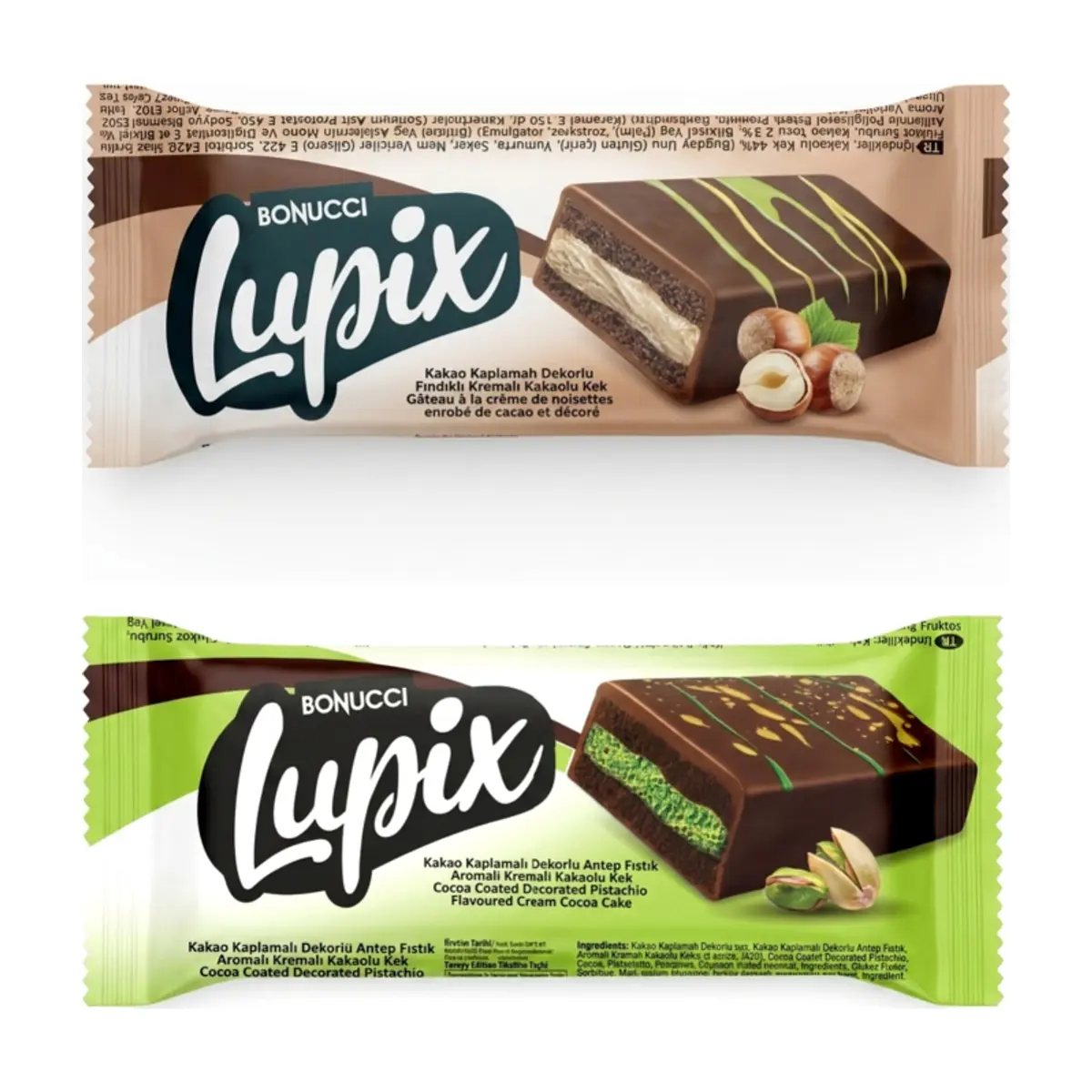 Pasteles de chocolate rellenos y decorados con crema de avellanas y pistacho Lupix Bonucci