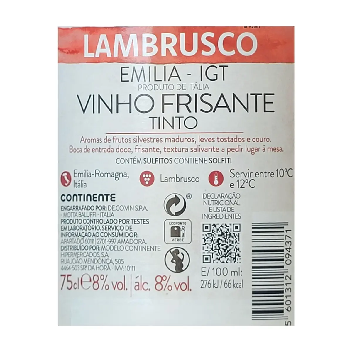 Vino tinto espumoso Lambrusco Rosso Continente (750 ml / 25.36 fl oz) - Thumbnail 2