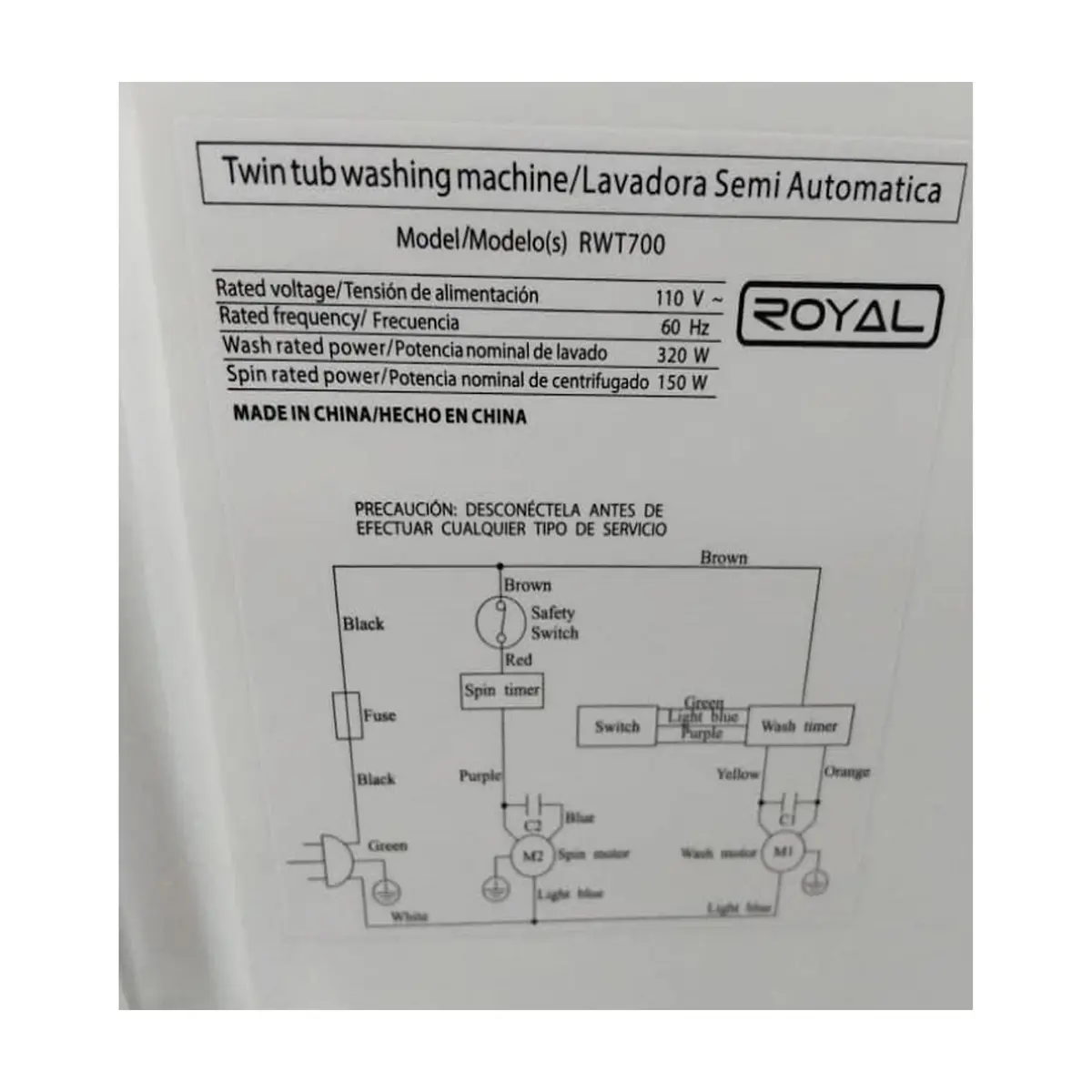 Lavadora semiautomática de 7 kg color blanco Royal RWT700 - Thumbnail 6