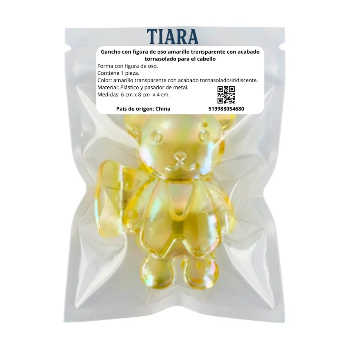 Gancho con figura de oso amarillo transparente con acabado tornasolado para el cabello Tiara - Thumbnail 4
