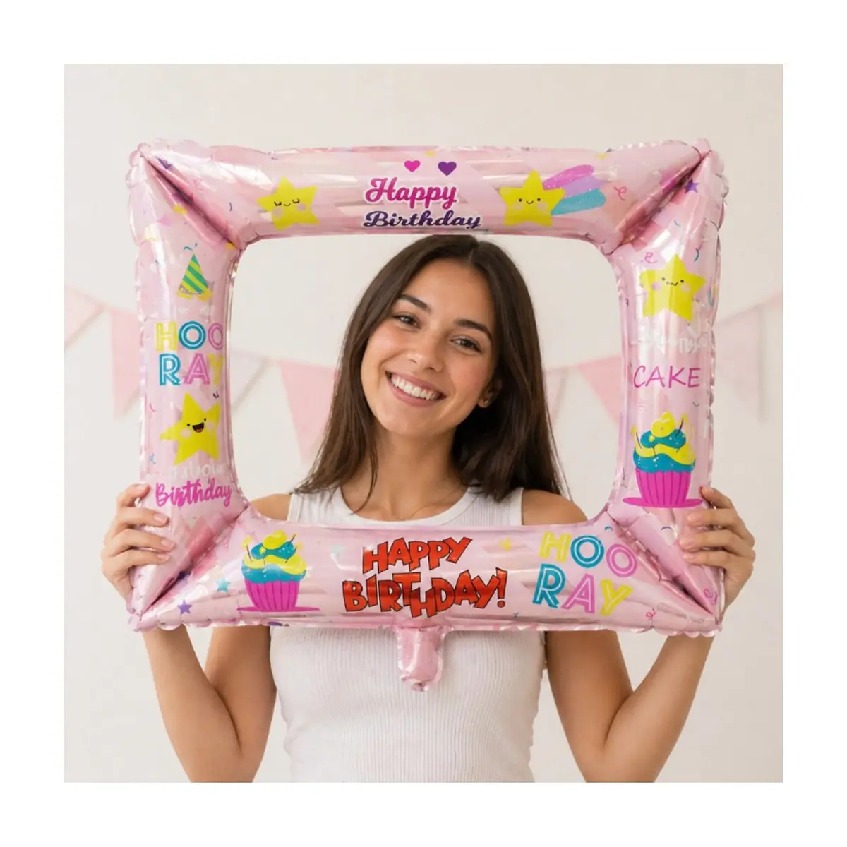 Globo de marco de fotografía Happy birthday rosado - Thumbnail 4