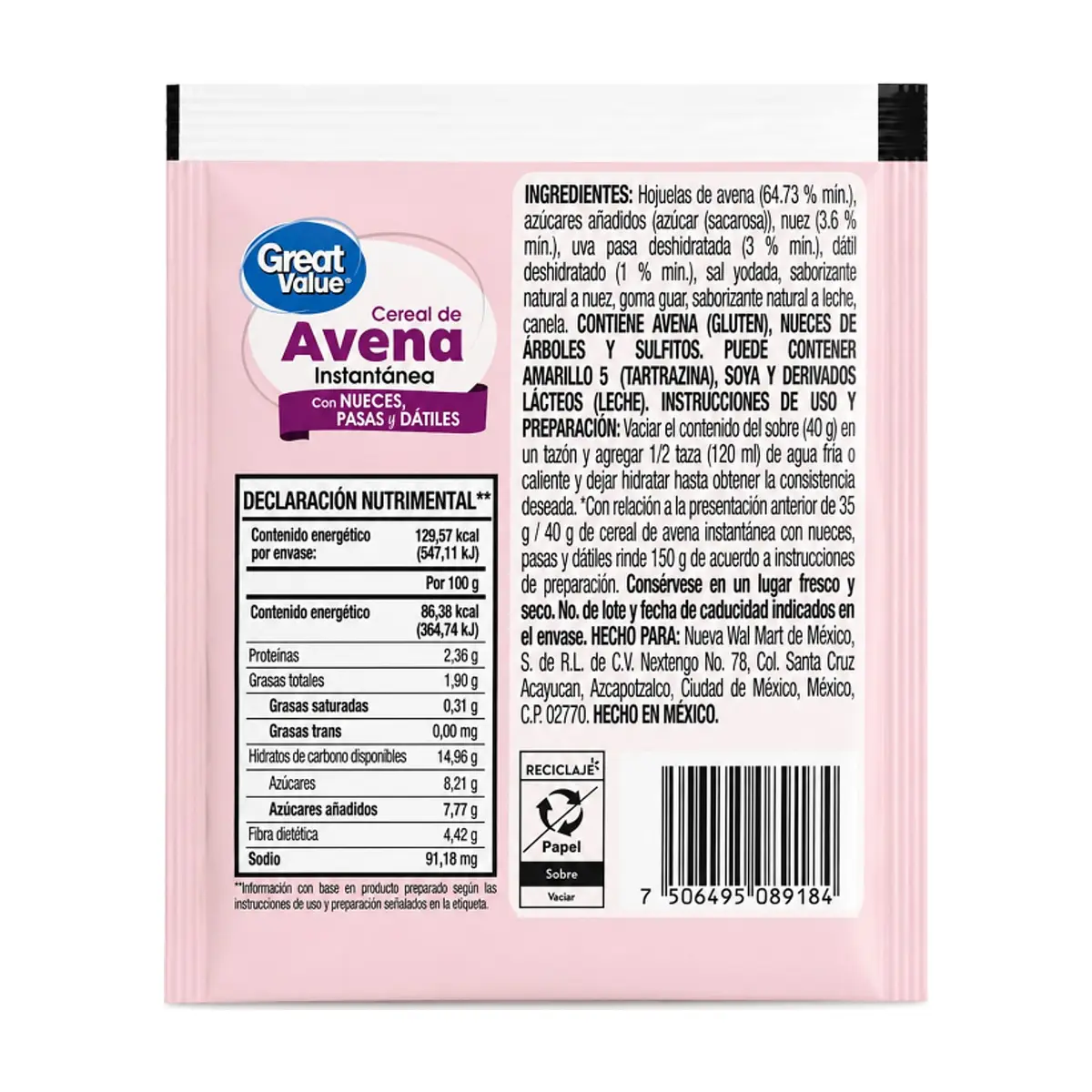 Cereal de avena instantánea con nuece, pasas y dátiles Great Value (40 g / 1.41 oz) - Miniatura 2
